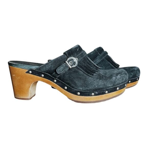 UGG Black Suede Fringe Wood Heel Gweneth Platform Heeled Clogs - 7 - Picture 1 of 12
